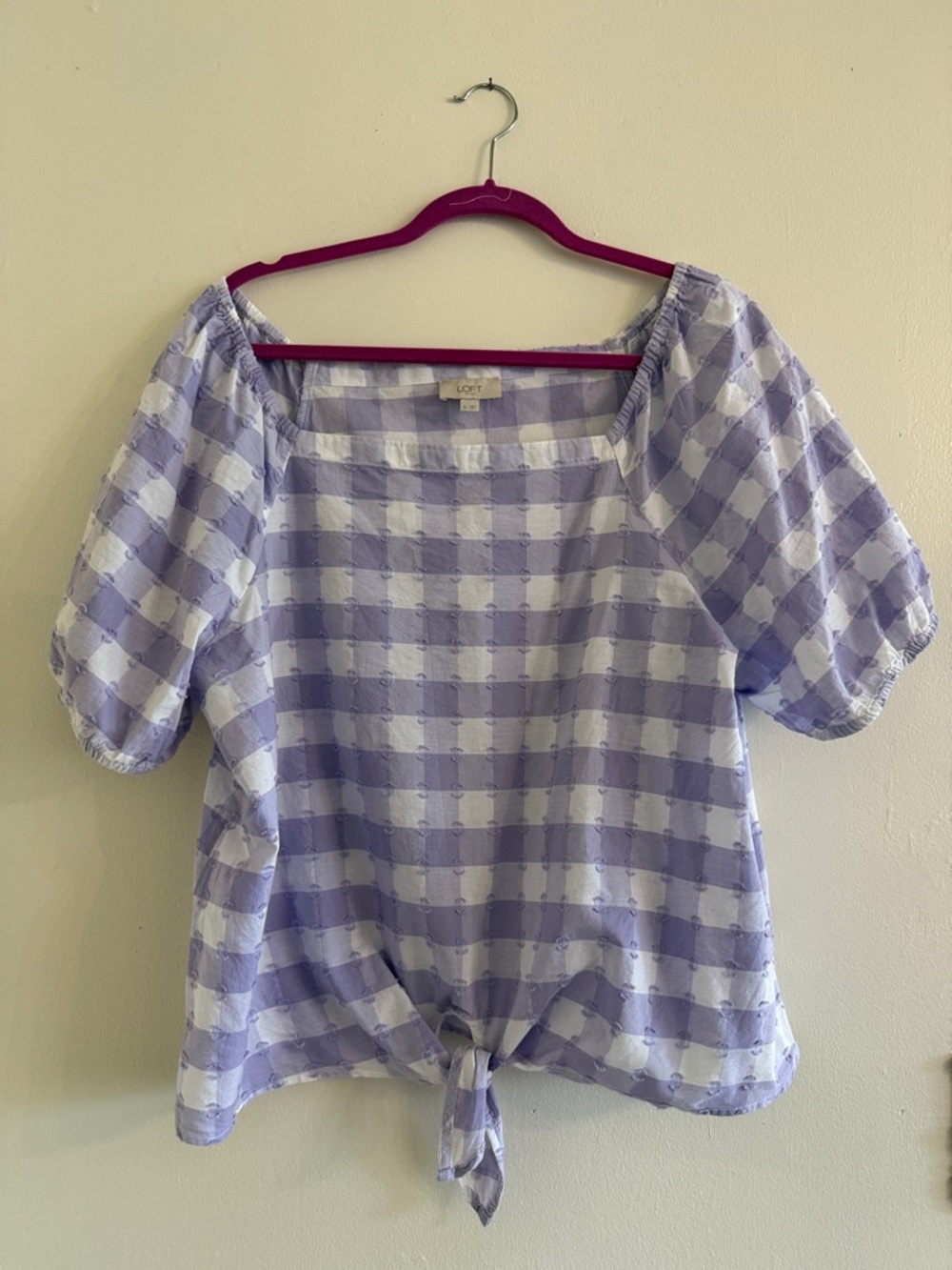 LOFT Lavender and White Gingham Tie-Front Puff Sleeve Top